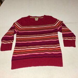 LL Bean Women’s 100% Cashmere Striped Sweater Sz M 3/4 Sleeve Raspberry Pink